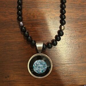 Jay King Black Beaded Necklace with Blue Teal Mosaic Pendant